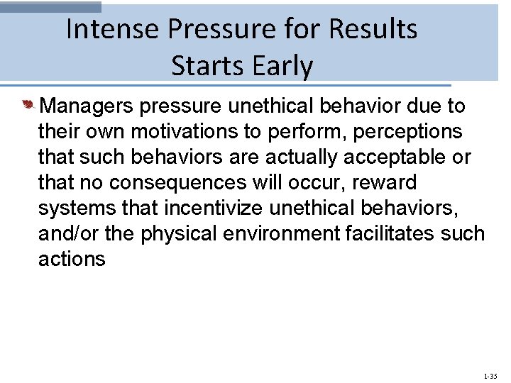 Intense Pressure for Results Starts Early Managers pressure unethical behavior due to their own