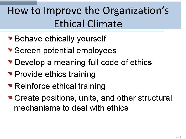 How to Improve the Organization’s Ethical Climate Behave ethically yourself Screen potential employees Develop
