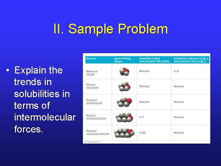 II. Sample Problem • Explain the trends in solubilities in terms of intermolecular forces.