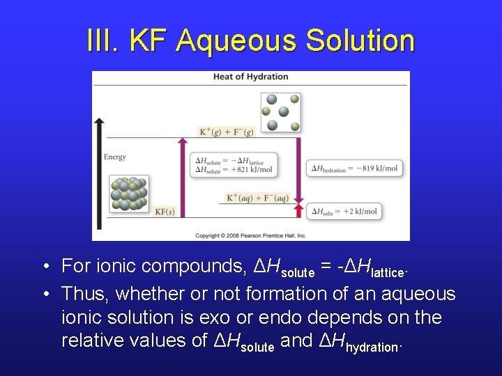III. KF Aqueous Solution • For ionic compounds, ΔHsolute = -ΔHlattice. • Thus, whether