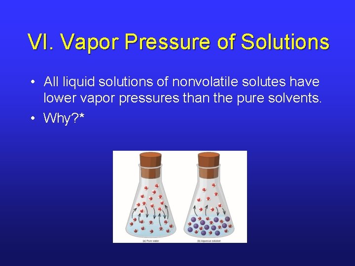 VI. Vapor Pressure of Solutions • All liquid solutions of nonvolatile solutes have lower