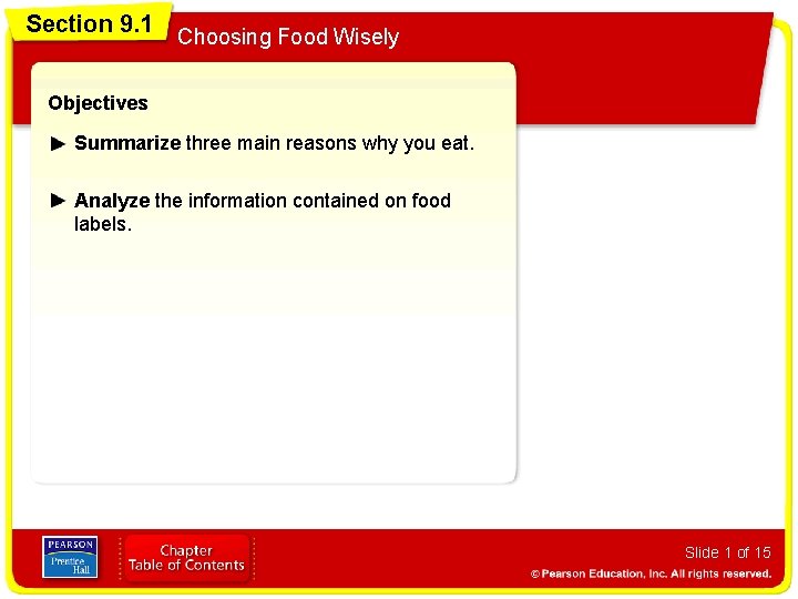 Section 9. 1 Choosing Food Wisely Objectives Summarize three main reasons why you eat.
