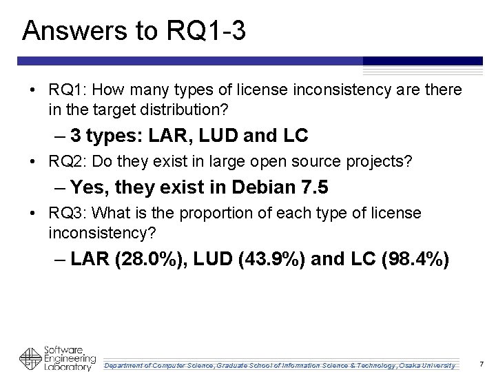 Answers to RQ 1 -3 • RQ 1: How many types of license inconsistency