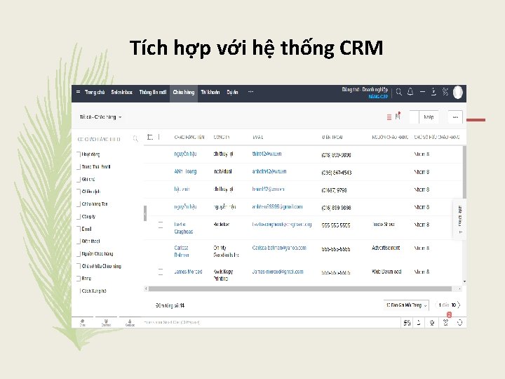 Tích hợp với hệ thống CRM • Cho phép gửi thông tin khách hàng