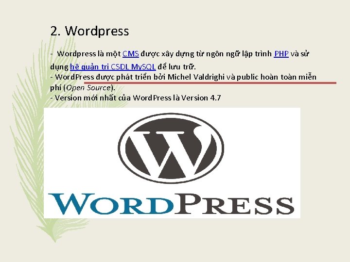 2. Wordpress - Wordpress là một CMS được xây dựng từ ngôn ngữ lập