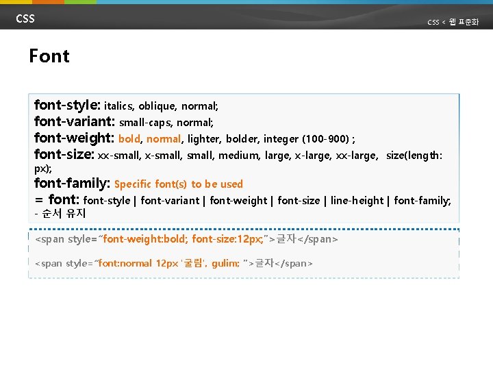 CSS < 웹 표준화 Font font-style: italics, oblique, normal; font-variant: small-caps, normal; font-weight: bold,