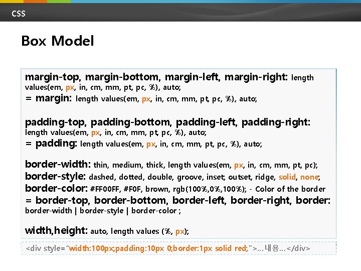 CSS Box Model margin-top, margin-bottom, margin-left, margin-right: length values(em, px, in, cm, mm, pt,