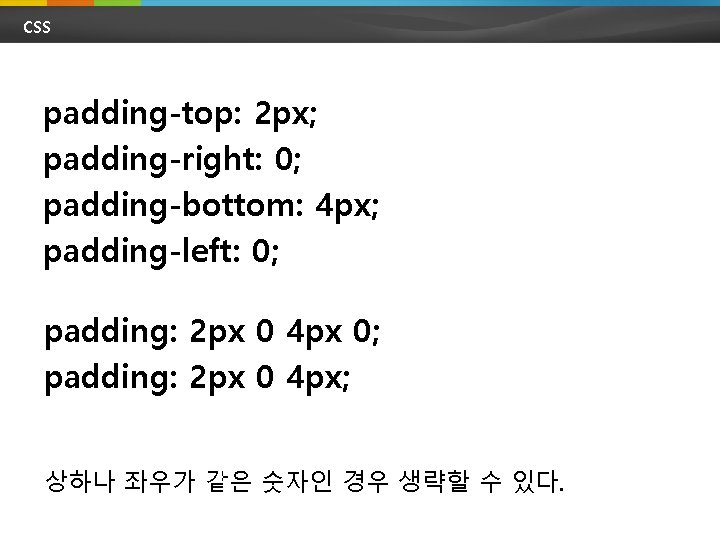 CSS padding-top: 2 px; padding-right: 0; padding-bottom: 4 px; padding-left: 0; padding: 2 px