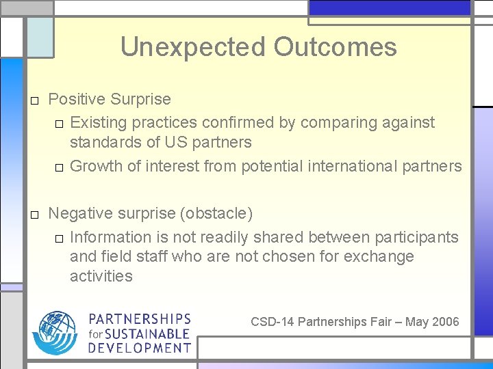 Unexpected Outcomes □ Positive Surprise □ Existing practices confirmed by comparing against standards of