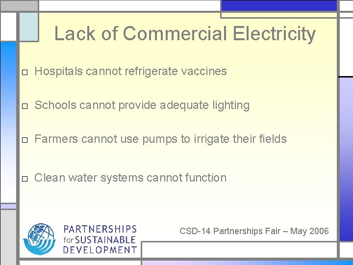 Lack of Commercial Electricity □ Hospitals cannot refrigerate vaccines □ Schools cannot provide adequate