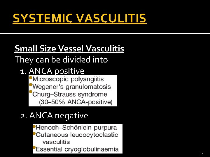 SYSTEMIC VASCULITIS Small Size Vessel Vasculitis They can be divided into 1. ANCA positive