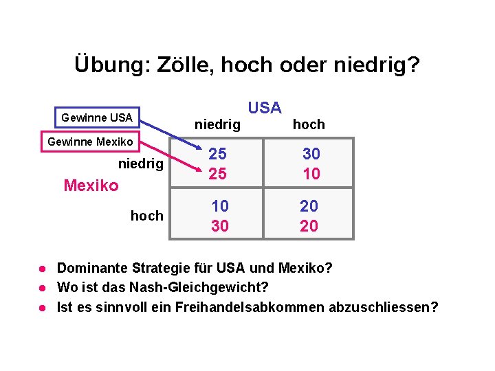 Übung: Zölle, hoch oder niedrig? Gewinne USA Gewinne Mexiko niedrig Mexiko hoch l l