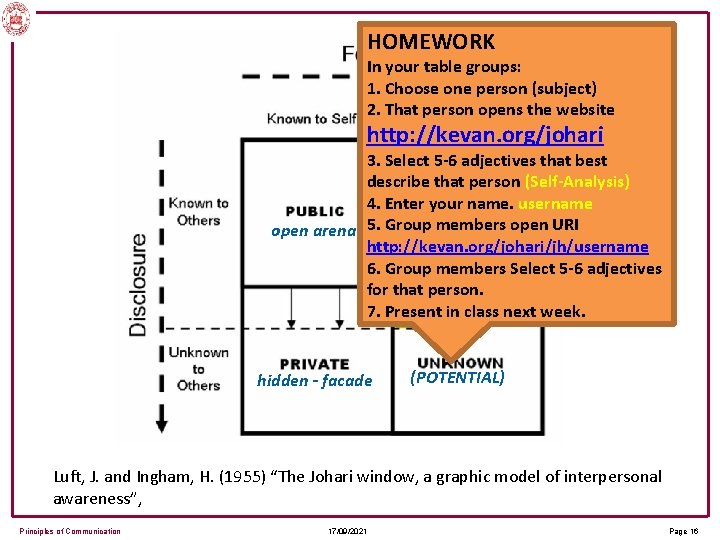 HOMEWORK In your table groups: The JOHARI Window 1. Choose one person (subject) 2.