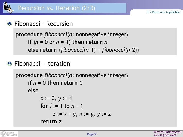 Recursion vs. Iteration (2/3) 3. 5 Recursive Algorithms Fibonacci – Recursion procedure fibonacci(n: nonnegative