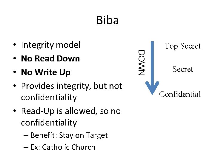 Biba – Benefit: Stay on Target – Ex: Catholic Church DOWN Integrity model No