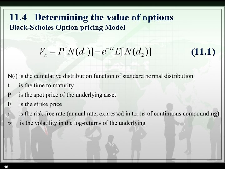 11. 4 Determining the value of options Black-Scholes Option pricing Model (11. 1) 18 11. 4 Determining the value of options Black-Scholes Option pricing Model (11. 1) 18