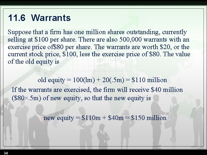 11. 6 Warrants Suppose that a firm has one million shares outstanding, currently selling 11. 6 Warrants Suppose that a firm has one million shares outstanding, currently selling