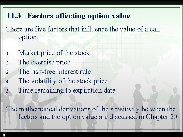 11. 3 Factors affecting option value There are five factors that influence the value 11. 3 Factors affecting option value There are five factors that influence the value