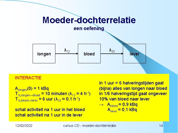 Moeder-dochterrelatie een oefening longen λ 12 bloed λ 23 lever INTERACTIE Alongen(0) = 1