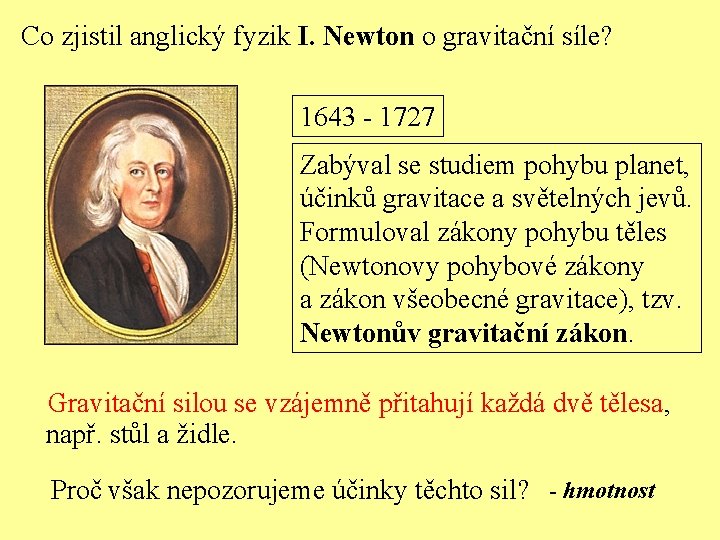 Co zjistil anglický fyzik I. Newton o gravitační síle? 1643 - 1727 Zabýval se