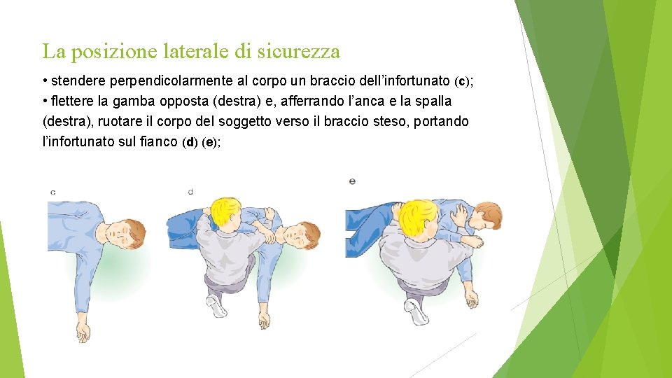 La posizione laterale di sicurezza • stendere perpendicolarmente al corpo un braccio dell’infortunato (c);