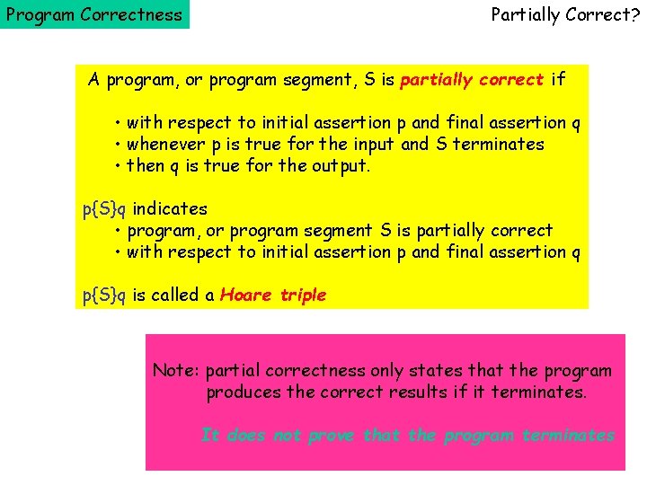Program Correctness Partially Correct? A program, or program segment, S is partially correct if