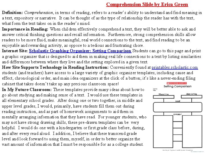 Comprehension Slide by Erica Green Definition: Comprehension, in terms of reading, refers to a
