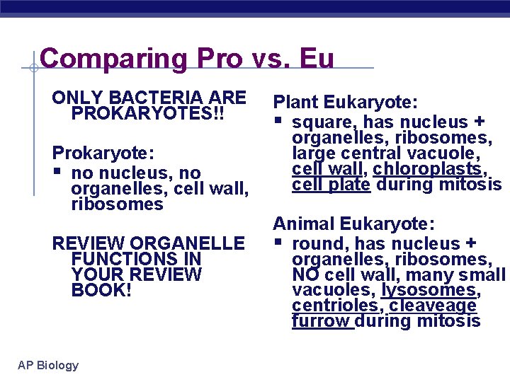 Comparing Pro vs. Eu ONLY BACTERIA ARE PROKARYOTES!! Prokaryote: § no nucleus, no organelles,