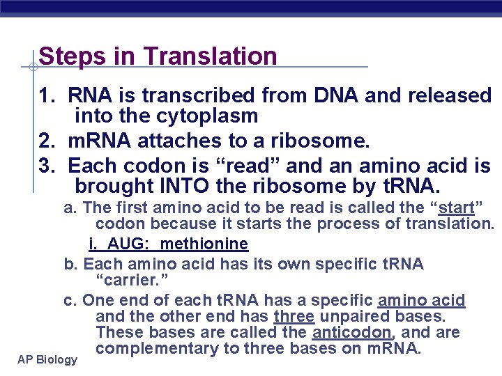 Steps in Translation 1. RNA is transcribed from DNA and released into the cytoplasm