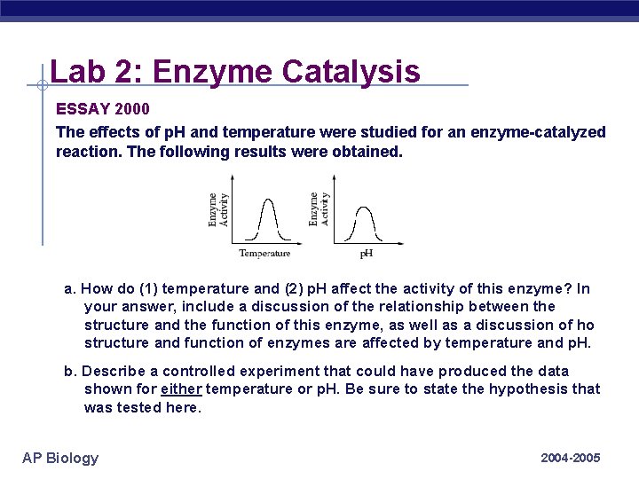 Lab 2: Enzyme Catalysis ESSAY 2000 The effects of p. H and temperature were