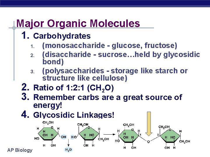 Major Organic Molecules 1. Carbohydrates 1. 2. 3. (monosaccharide - glucose, fructose) (disaccharide -