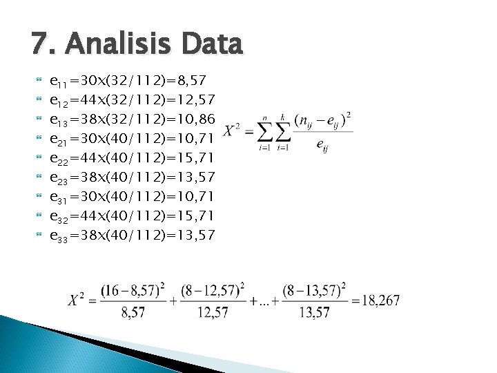 7. Analisis Data e 11=30 x(32/112)=8, 57 e 12=44 x(32/112)=12, 57 e 13=38 x(32/112)=10,