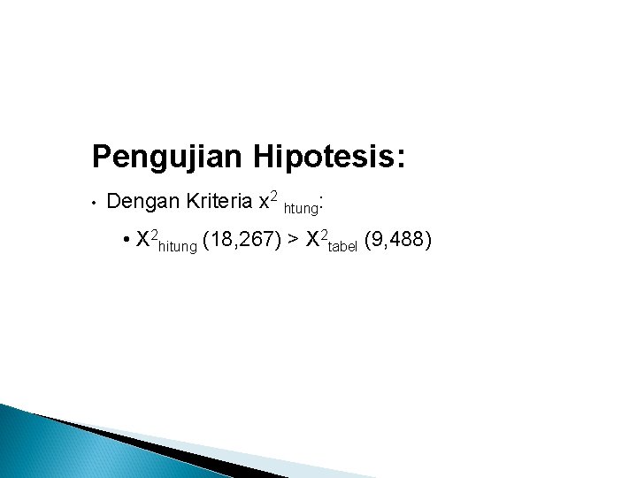 Pengujian Hipotesis: • Dengan Kriteria x 2 htung: • X 2 hitung (18, 267)