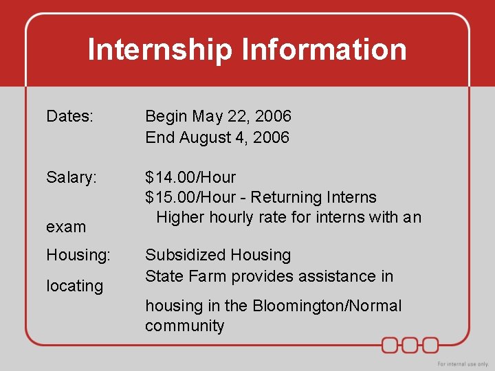Internship Information Dates: Begin May 22, 2006 End August 4, 2006 Salary: $14. 00/Hour Internship Information Dates: Begin May 22, 2006 End August 4, 2006 Salary: $14. 00/Hour