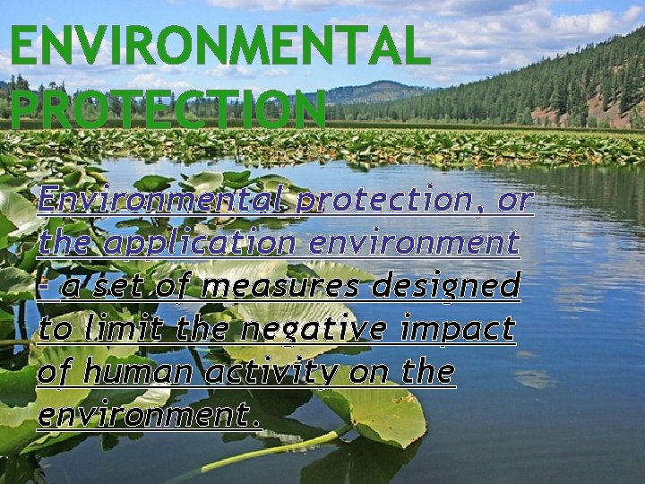 ENVIRONMENTAL PROTECTION Environmental protection, or the application environment - a set of measures designed