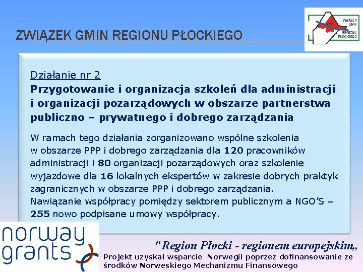 ZWIĄZEK GMIN REGIONU PŁOCKIEGO Działanie nr 2 Przygotowanie i organizacja szkoleń dla administracji i ZWIĄZEK GMIN REGIONU PŁOCKIEGO Działanie nr 2 Przygotowanie i organizacja szkoleń dla administracji i