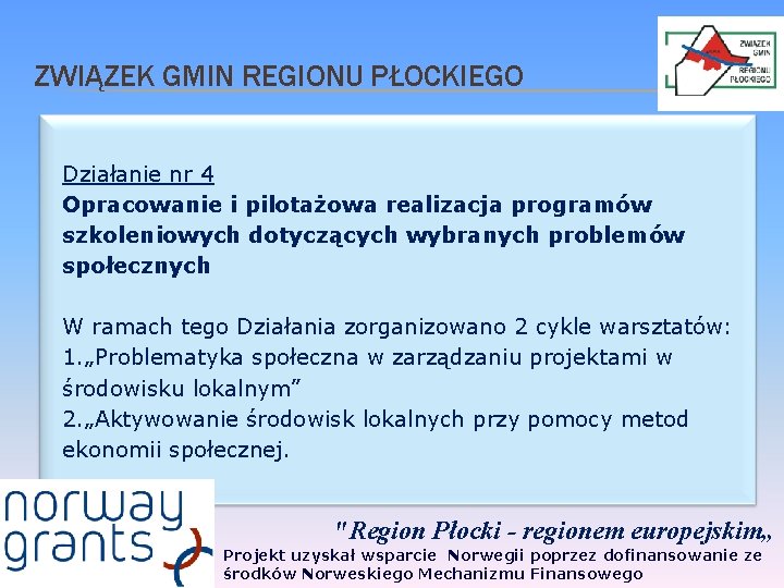 ZWIĄZEK GMIN REGIONU PŁOCKIEGO Działanie nr 4 Opracowanie i pilotażowa realizacja programów szkoleniowych dotyczących