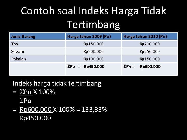 Contoh soal Indeks Harga Tidak Tertimbang Jenis Barang Harga tahun 2009 (Po) Harga tahun