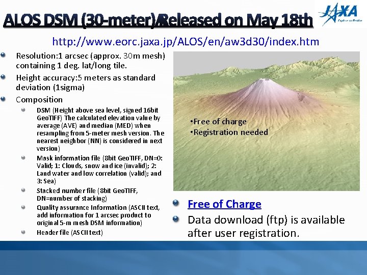 ALOS DSM (30 -meter) Released on May 18 th http: //www. eorc. jaxa. jp/ALOS/en/aw