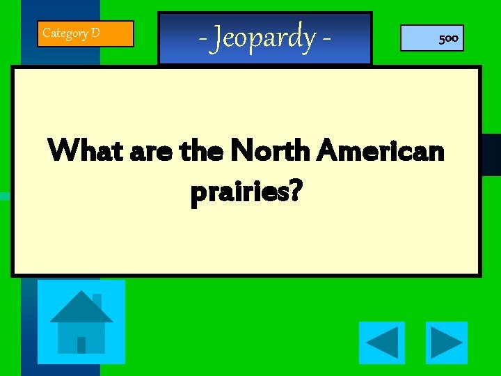 Category D - Jeopardy - 500 What are the North American prairies? 