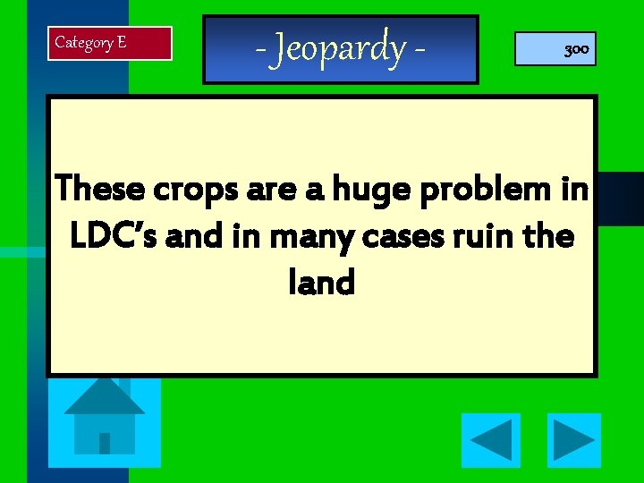 Category E - Jeopardy - 300 These crops are a huge problem in LDC’s