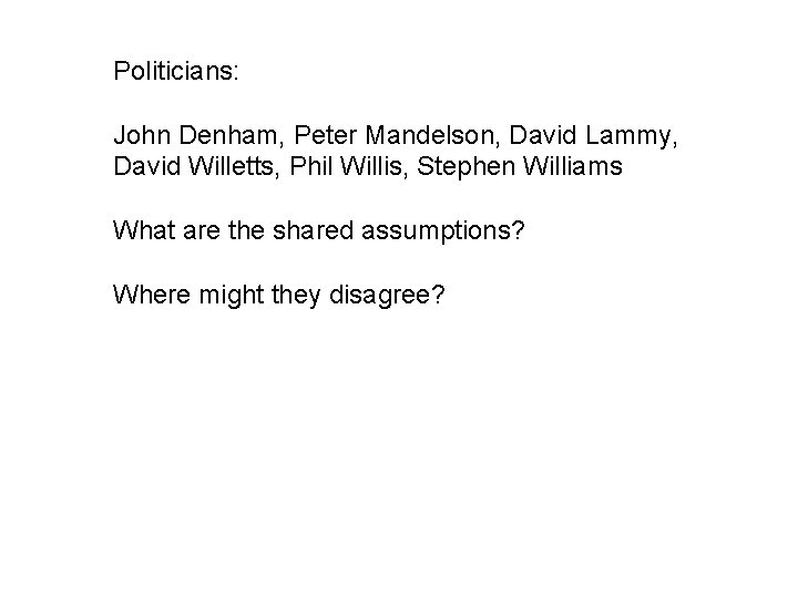 Politicians: John Denham, Peter Mandelson, David Lammy, David Willetts, Phil Willis, Stephen Williams What