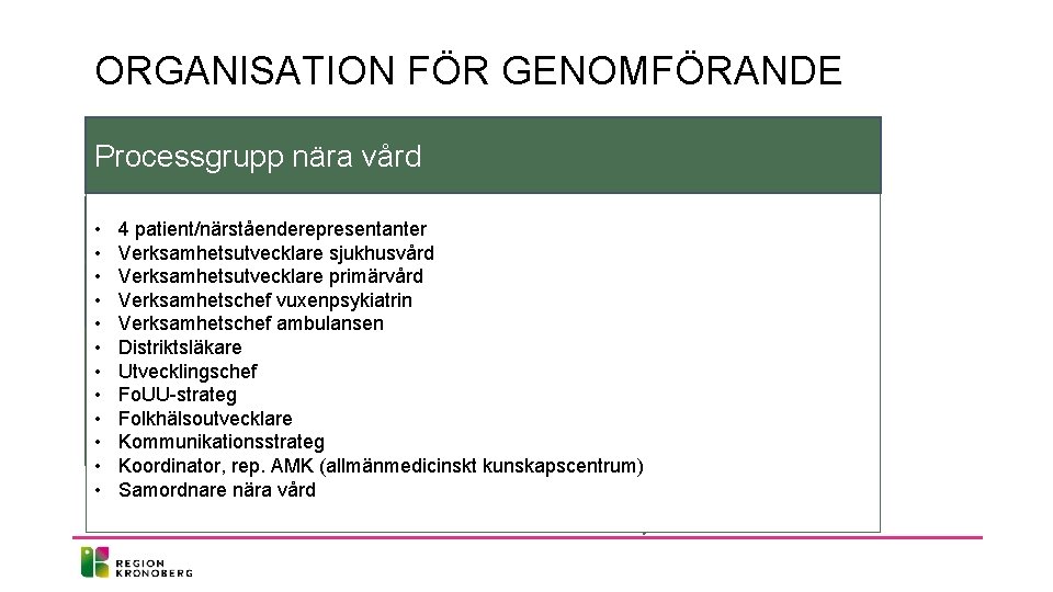 ORGANISATION FÖR GENOMFÖRANDE Processgrupp nära vård Politisk ledning • Hälso 4 patient/närståenderepresentanter och sjukvårdsnämnd