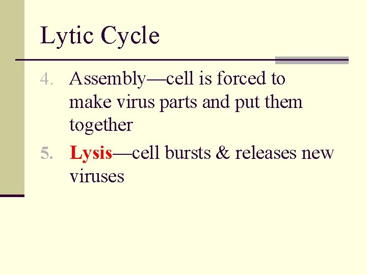 Lytic Cycle 4. Assembly—cell is forced to make virus parts and put them together