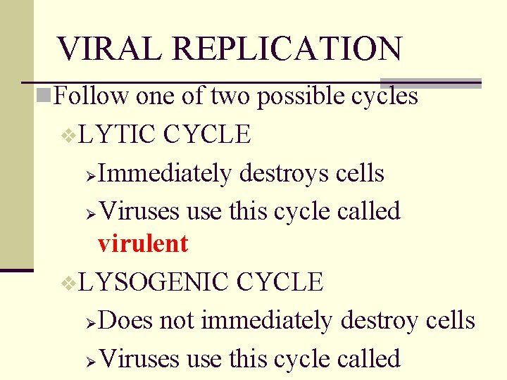 VIRAL REPLICATION n Follow one of two possible cycles v. LYTIC CYCLE Ø Immediately