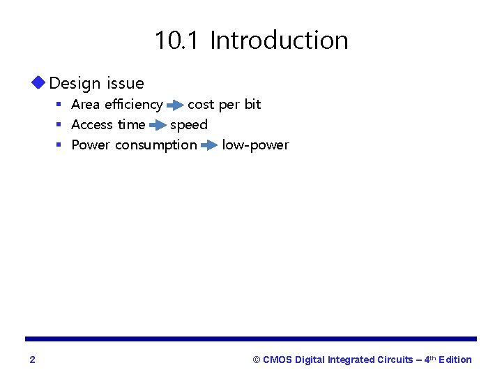 10. 1 Introduction u Design issue § Area efficiency cost per bit § Access