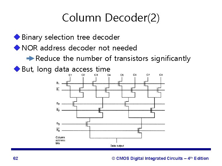 Column Decoder(2) u Binary selection tree decoder u NOR address decoder not needed Reduce