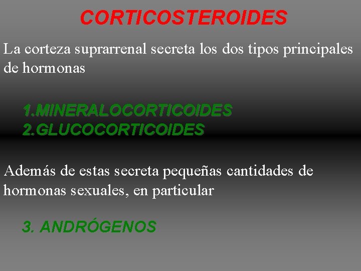 CORTICOSTEROIDES La corteza suprarrenal secreta los dos tipos principales de hormonas 1. MINERALOCORTICOIDES 2. CORTICOSTEROIDES La corteza suprarrenal secreta los dos tipos principales de hormonas 1. MINERALOCORTICOIDES 2.