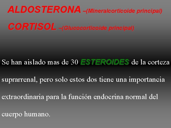 ALDOSTERONA –(Mineralcorticoide principal) CORTISOL –(Glucocorticoide principal) Se han aislado mas de 30 ESTEROIDES de ALDOSTERONA –(Mineralcorticoide principal) CORTISOL –(Glucocorticoide principal) Se han aislado mas de 30 ESTEROIDES de