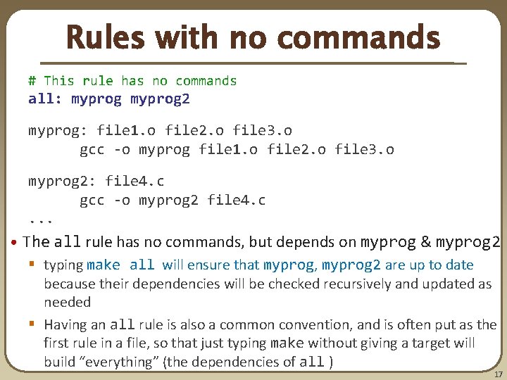 Rules with no commands # This rule has no commands all: myprog 2 myprog: Rules with no commands # This rule has no commands all: myprog 2 myprog: